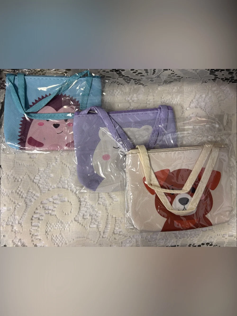 Kids Animal Zip Wallet - Purple Bear, Blue Hedgehog, Cream Puppy